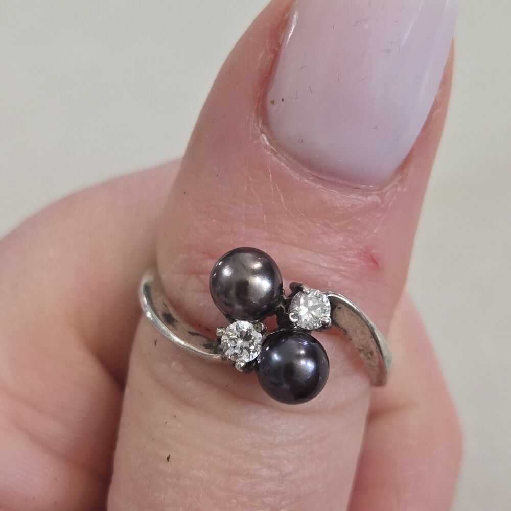 Vintage Silver Black Tahitian Pearl Round Pearl Zirconia Bypass Ring 8 9